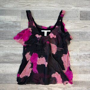 Diane Von Furstenberg Black and Pink Ruffle Silk Tank Top